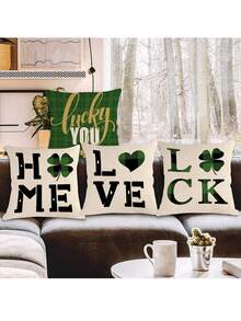 4 cái/bộ Ngày St. Patrick Cỏ ba lá Tim & Nhà  Mô hình Gối trang trí Loại vỏ ( Cái gối Không bao gồm ) , Hoàn hảo Đối với Gia đình Sofa Đồ trang trí - Hồng - Xem 4