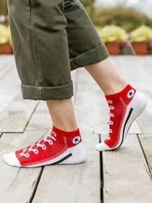 1雙女士帆布鞋形短襪,具有大學風格和創意設計,進口有趣新奇襪子 - 紅色 - 查看 2