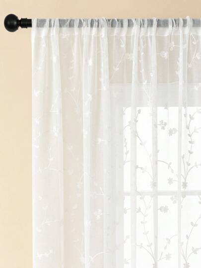 2pcs Embroidered Curtain With Floral Pattern, Suitable For Living Room And Bedroom, White Farmhouse Style Privacy Curtain Sheer