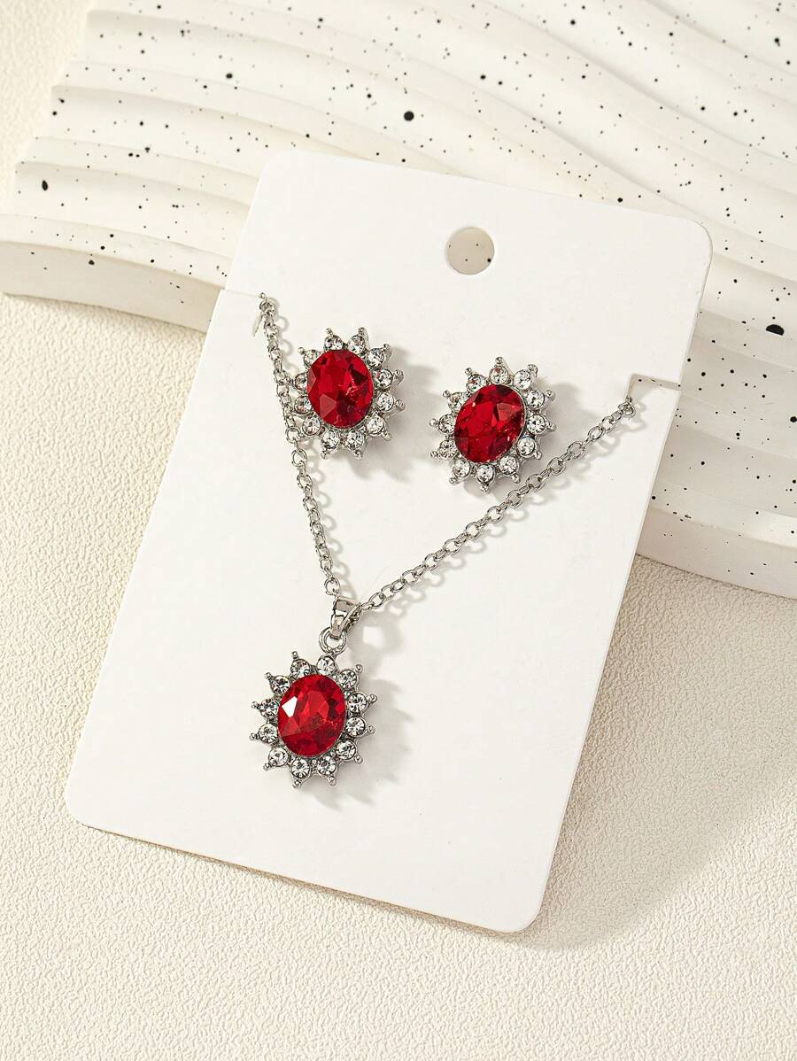 Conjunto De Collares Y Aretes De Estilo Europeo Y Americano Con Diseño Floral Incrustado Con Piedras Preciosas Y Diamantes De Imitación Rojos, Accesorios De Moda Elegantes Para Uso Diario De Damas - Rojo - Ver 1
