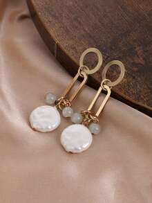 1pc Vintage Punk Style Baroque Pearl Pendant Long Drop Earring With Metal Chains, Perfect Daily Wear And Birthday Gift For Women - Gold - View 15