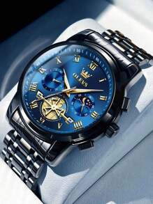 OLEVS. OLEVS Men's Watch Analog Quartz Movement Business Stainless Steel Waterproof Luminous Chronograph Day Date Luxury Dress Business Big Face Rome Number Diamond Dial Male Wrist Watches - 藍色 - 查看 1