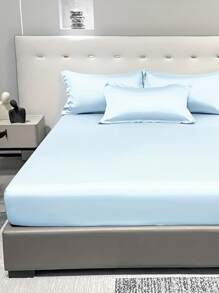 1pc Satin Solid Color Fitted Sheet And 1pc Bedroom Ice Silk Bed Cover In Light Blue, Bedding - Multicolor - View 5