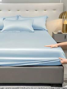 1pc Satin Solid Color Fitted Sheet And 1pc Bedroom Ice Silk Bed Cover In Light Blue, Bedding - Multicolor - View 4