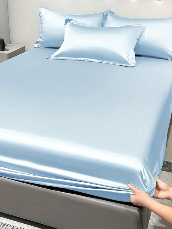1pc Satin Solid Color Fitted Sheet And 1pc Bedroom Ice Silk Bed Cover In Light Blue, Bedding