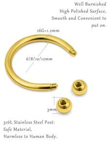 DAILI 3件套/8件套 16G 马蹄形鼻中隔环 医用钢鼻穿饰品 鼻中隔马蹄形耳环 眉钉 耳骨钉 唇钉 环球和尖钉 6-12mm - 馬蹄形隔膜鼻環 - 查看 4