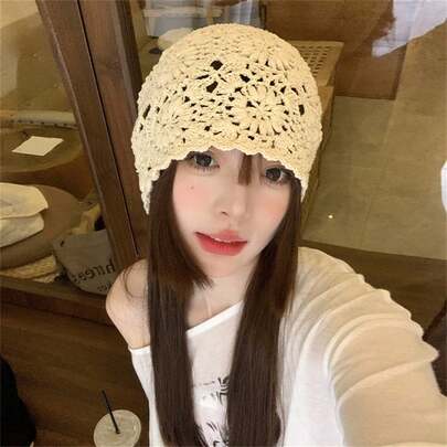 1pc Vintage Hollow Handmade Crochet Hat, Lightweight Spring/Autumn Women's Knitted Cap, Summer Headwear
