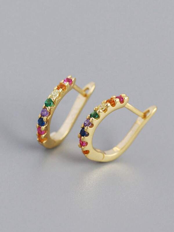 أقراط طوق عصري للنساء شكل U سطر واحد القوس القزحي مكعب زركونيا حجر فسيفساء مع طلاء النحاس زوج واحد