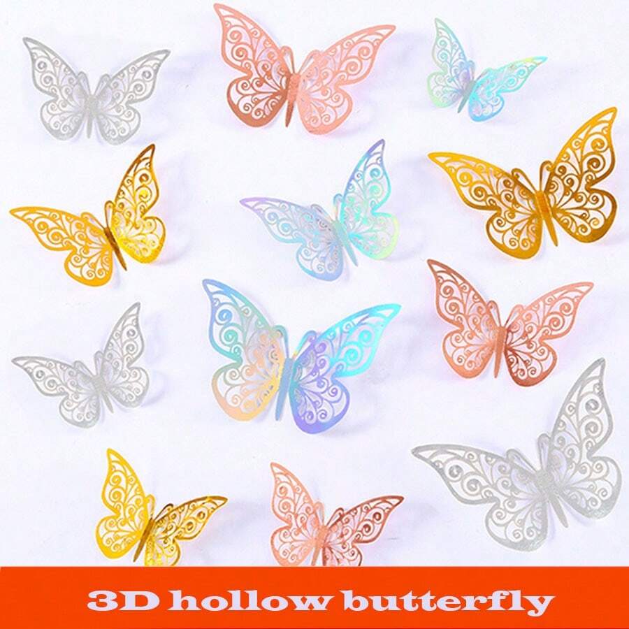 12入組金色蝴蝶造型蛋糕裝飾,適用於婚禮生日派對烘焙diy牆面裝飾 - 多色 - 查看 1