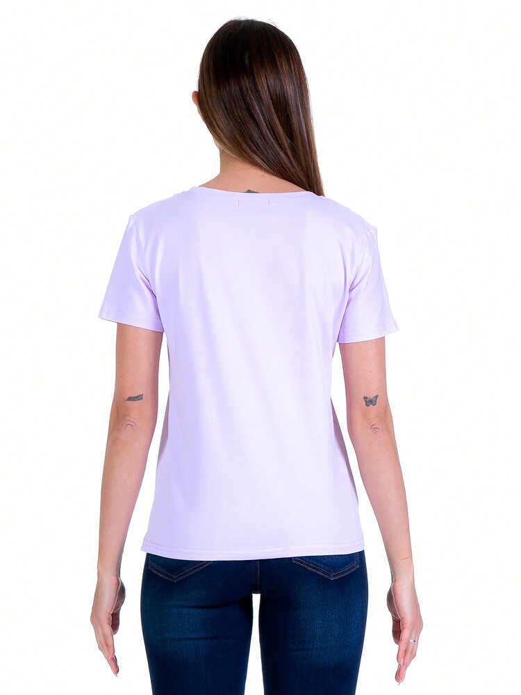 Playera De Algodón Para Mujer Con Bordado En Frente - Lila Púrpura - Añade 2