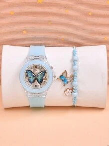 Đồng hồ đeo tay trẻ em có đèn LED phát sáng, Đồng hồ đeo tay thạch anh bướm tím cho bé gái, với bộ vòng tay dây dệt có thể điều chỉnh, 2 chiếc - Màu xanh nhạt - Xem 9