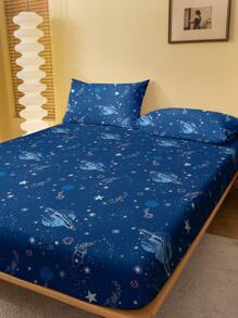 1 peça de lençol ajustável escovado com estampa de viagem espacial impressa, capa de cama para quarto, roupa de cama