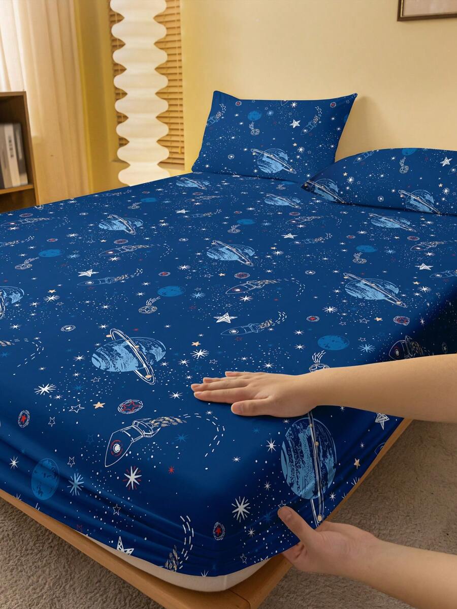 1 peça de lençol ajustável escovado com estampa de viagem espacial impressa, capa de cama para quarto, roupa de cama