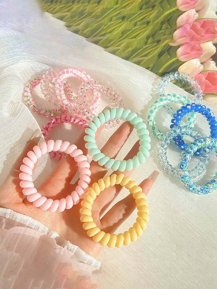 6pcs Women Floral Print Coil Wire Casual Hair Tie For Daily Life Cute Tiaras Valentine's Day Valentines Ponytail Holders Hair Elastics Hair Rubber Bands Scrunchies Hair Rope Elastic Hair Tie, Hair Bobbles ﻿, Home Beauty Women Accessory Gifts - Multicolor - View 7
