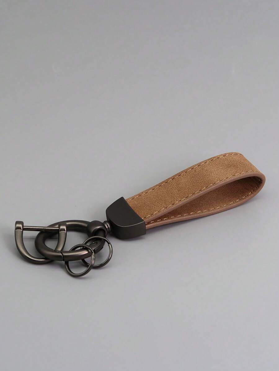 1個多色新款毛茸茸皮革汽車鑰匙扣,帶金屬防丟鑰匙環和可定制的徽標印刷,皮革鑰匙 - 卡其色 - 查看 1