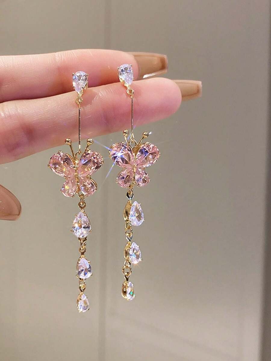 2pcs Light Luxury Sweet Premium Pink Cubic Zirconia Butterfly Tassel Lady Earrings Banquet Party Gifts