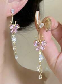 2pcs Light Luxury Sweet Premium Pink Cubic Zirconia Butterfly Tassel Lady Earrings Banquet Party Gifts