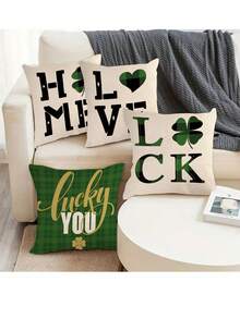 4 cái/bộ Ngày St. Patrick Cỏ ba lá Tim & Nhà  Mô hình Gối trang trí Loại vỏ ( Cái gối Không bao gồm ) , Hoàn hảo Đối với Gia đình Sofa Đồ trang trí - Hồng - Xem 3