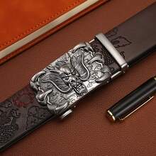 Thắt lưng nam khóa tự động họa tiết rồng, Thắt lưng da bò thời trang thường ngày dành cho thanh niên, Da bò dày 1 lớp phong cách Boho - Cà phê nâu - Xem 1