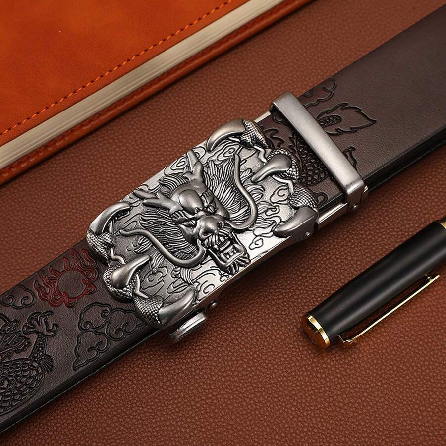 Thắt lưng nam khóa tự động họa tiết rồng, Thắt lưng da bò thời trang thường ngày dành cho thanh niên, Da bò dày 1 lớp phong cách Boho - Cà phê nâu - Xem 1