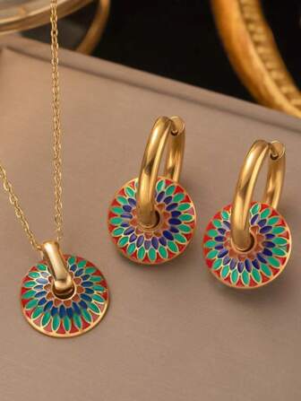 1 set vintage/modern kinesisk stil emalj Small Daisy Blommigt cirkulärt hänge, örhängen, kedja halsband smycken för kvinnor, fashionabla high-end