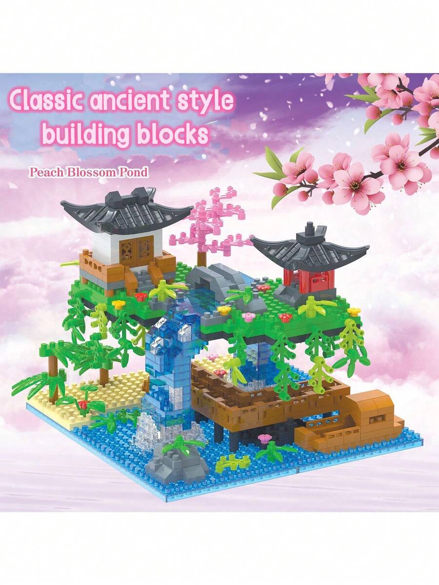 1Set Classic Waterfall Ancient Miniature Building Blocks, Heavenly Palaces, Tower Designs, Tabletop Decorations For History Enthusiasts, Meaningful Building Block Gifts - Multicolor - View 1