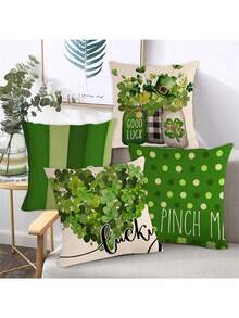 4 cái/bộ Ngày St. Patrick Nắp đệm Với Cỏ ba lá , Lá thư , May mắn Mẫu ( Không có Gối Bên trong ) , Thích hợp Đối với Sofa Đồ trang trí - Nhiều màu - Xem 4