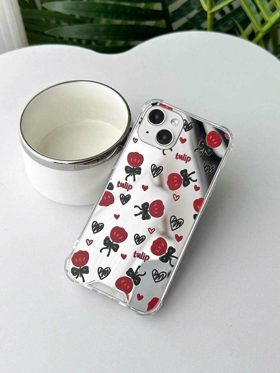 1 Ốp điện thoại Tpu có gương chống va đập hình trái tim Graffiti màu đỏ hoa tulip Tương thích với IPhone 15pro Max/Iphone 14pro Max/Iphone 13pro Max/Iphone 12pro Max/Iphone 15pro/Iphone Xr/Iphone 11/Iphone 12/Iphone 13/Iphone 14 Plus/Iphone 13 Mini