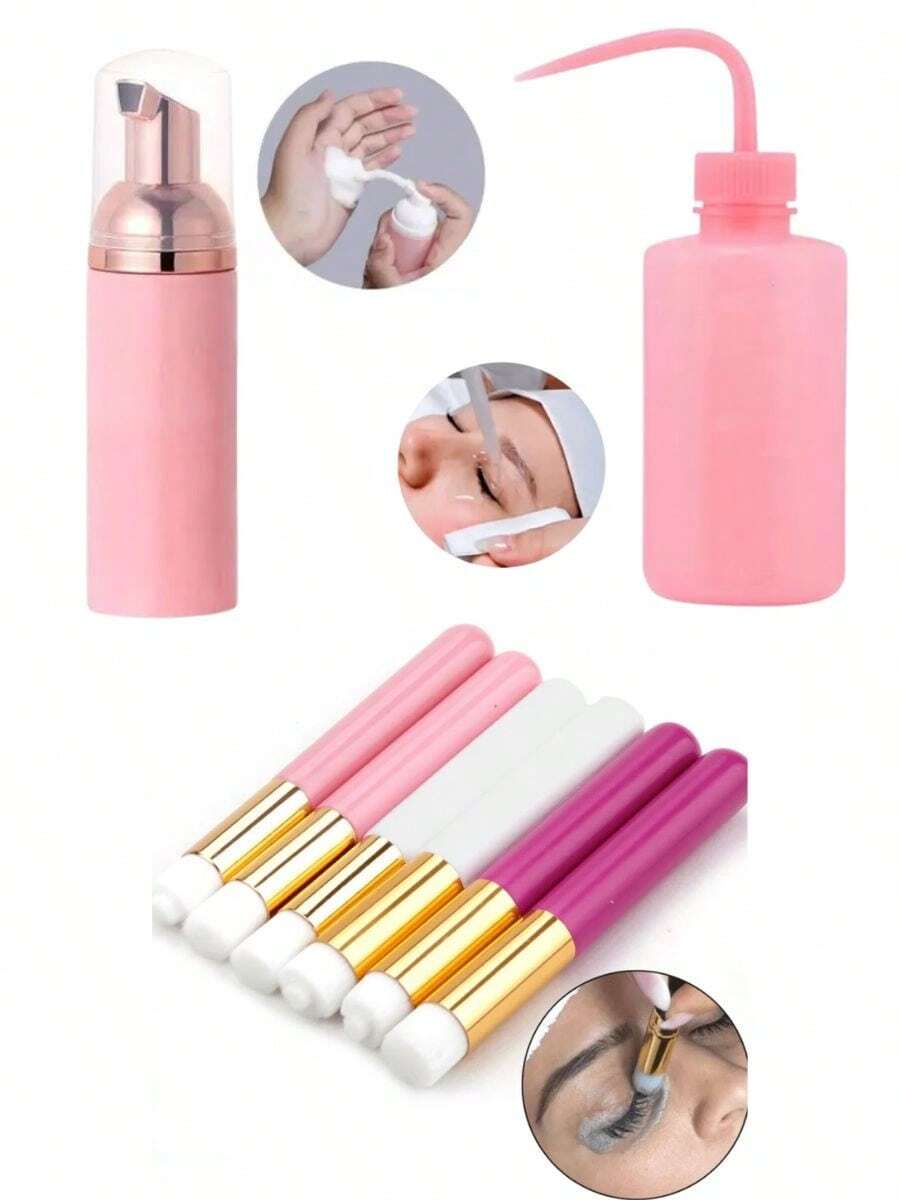Kit Limpeza Cílios Pisseta Frasco Pump Pincel Higienização Sobrancelha - Multicolorido - Visão 1