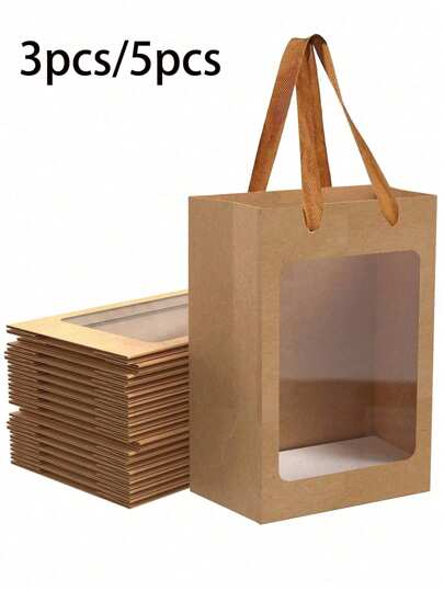 3/5pcs Pack Brown Paper Bags For Baking, Gift Wrapping, Mother's Day Birthday Flower Gift Bag With Handle Wedding Party Gift Bags