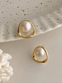 2 chiếc/Bộ Hoa tai ngọc trai thanh lịch cổ điển Hoa tai đinh tán cao cấp hợp thời trang - không đều - Xem 2