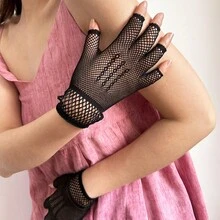 1雙女士蕾絲和魚網彈性手套,性感優雅風格薄情人節手套,適用於婚禮晚禮服或新娘茶會晚宴 - 彩色 - 查看 2