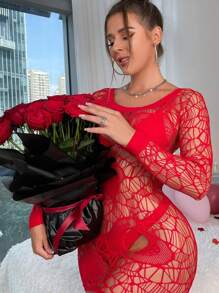 Bodystocking erótico y sexy para tallas grandes con detalles ahuecados - Rojo - Ver 5