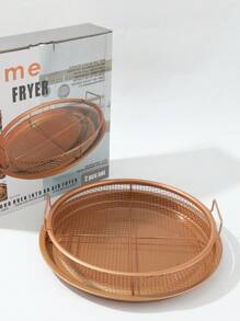 2pcs Bbq Frying Basket, Round Detachable Stainless Steel Oil Drain Rack With Tray, Outdoor Barbecue Tool Kitchen Food Cooking Accessory - Bronze - View 1