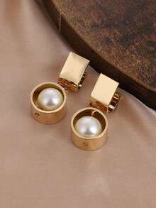 1pc Vintage Punk Style Baroque Pearl Pendant Long Drop Earring With Metal Chains, Perfect Daily Wear And Birthday Gift For Women - Gold - View 9