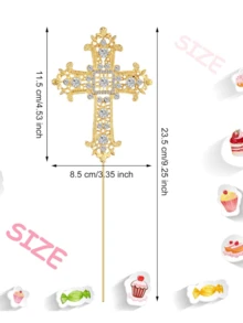Decoración de pastel de Bautizo con Cruz dorada, diamantes de imitación y cristales para la decoración del primer pastel de boda de Bautizo - Multicolor - Ver 3