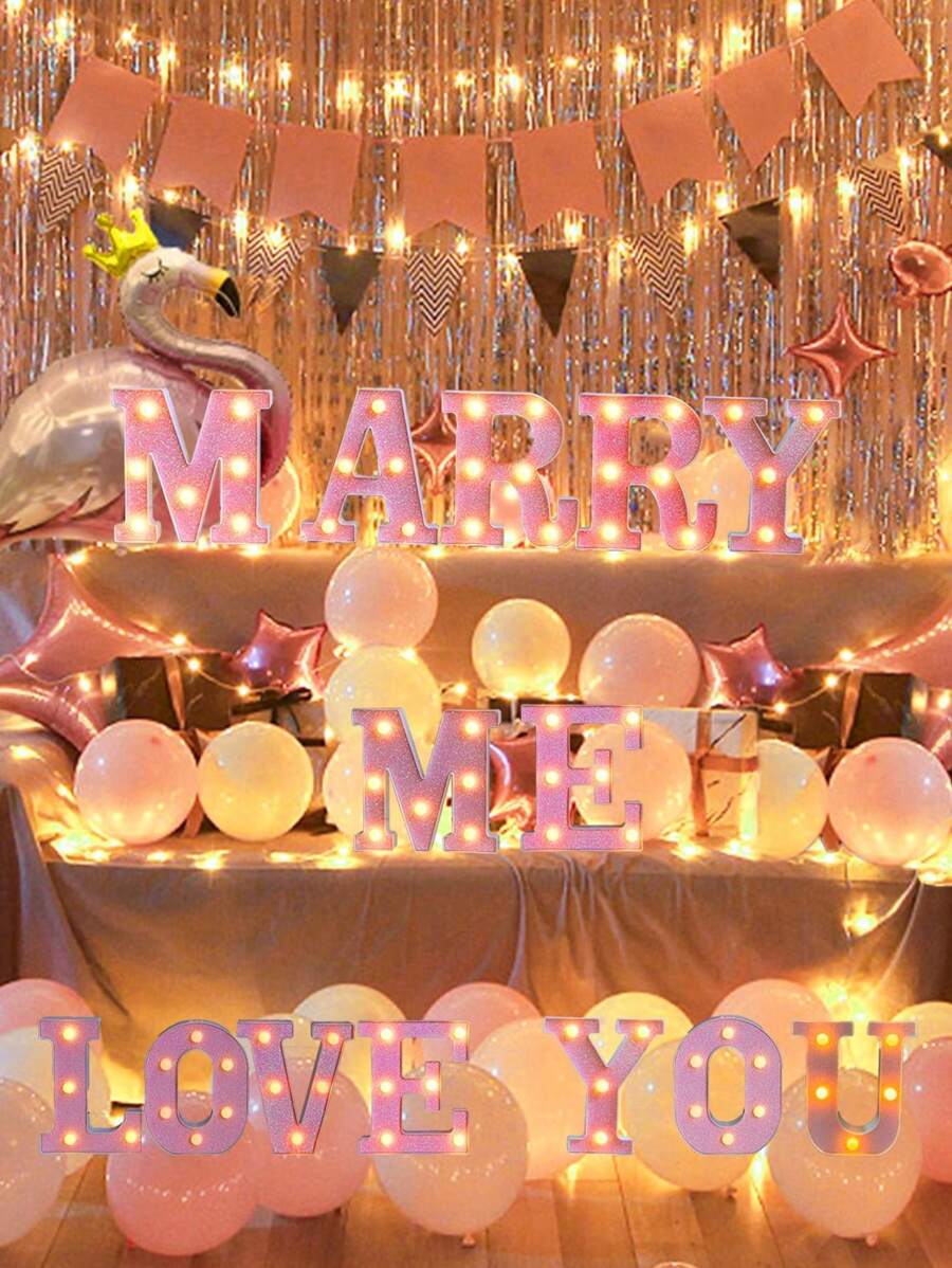 1pc Pink Sequin Illuminated Letter & Number Desk Decor Night Light, Romantic Proposal Birthday Party Atmosphere Lamp, Guide Light - Yellow - View 1