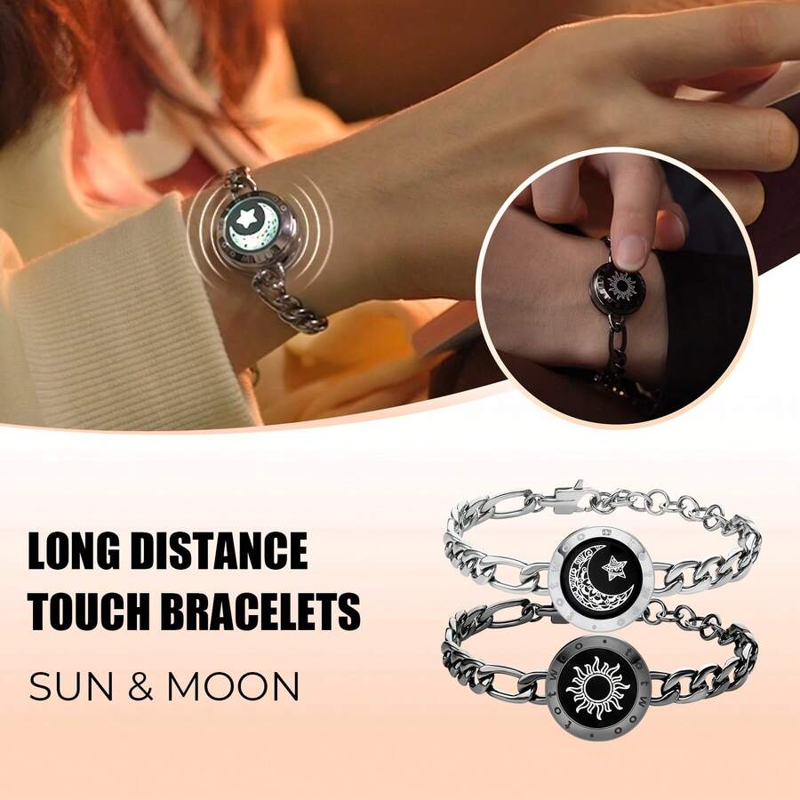 Totwoo Long Distance Touch Bracelets For Couples, Vibration & Light Up For Love Couples Bracelets | Long Distance Relationship Gifts For Girlfriend Bluetooth Pairing Jewelry - FigaroChain /Black Silver - Xem 1