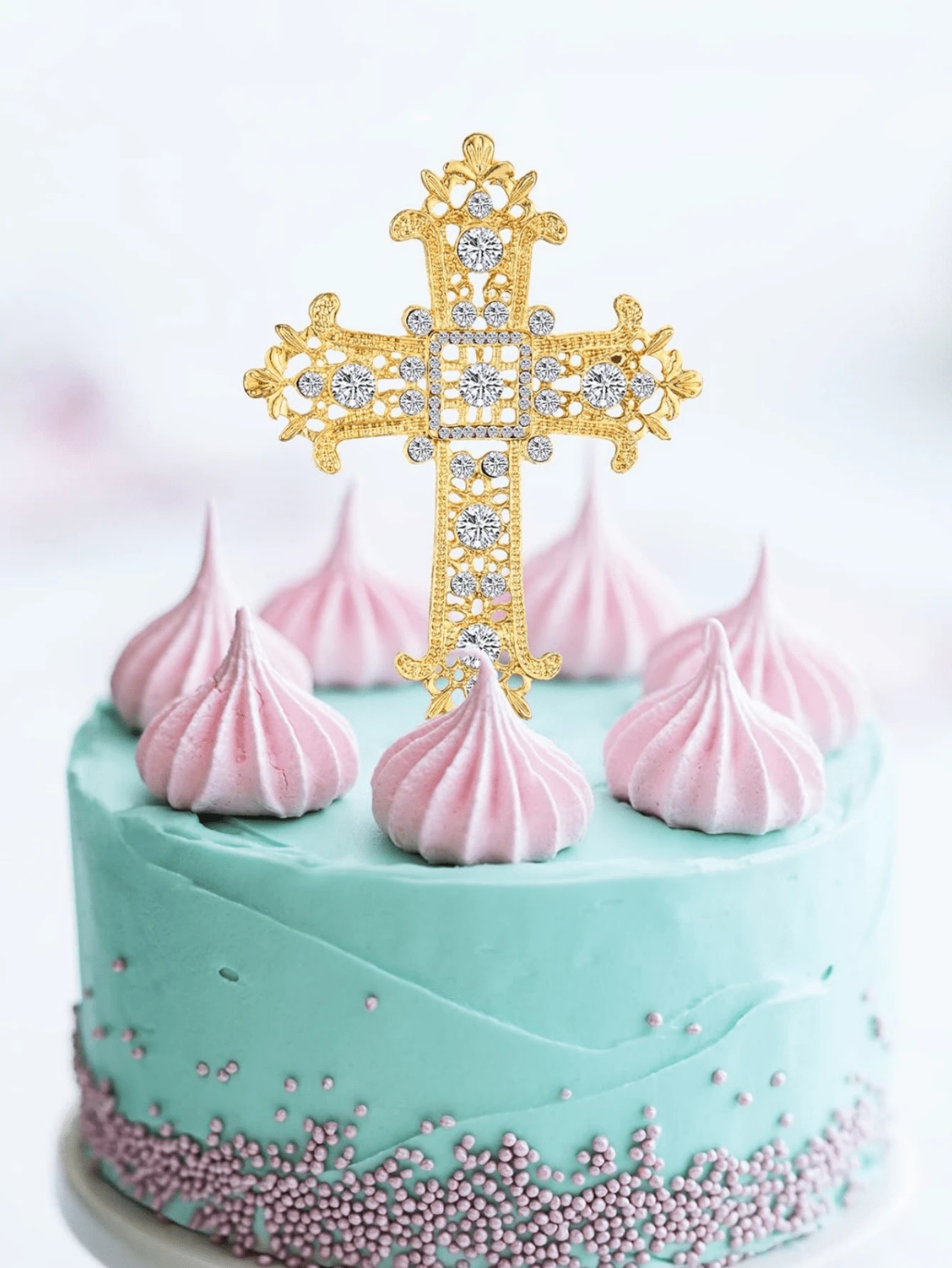 Decoración de pastel de Bautizo con Cruz dorada, diamantes de imitación y cristales para la decoración del primer pastel de boda de Bautizo - Multicolor - Ver 1