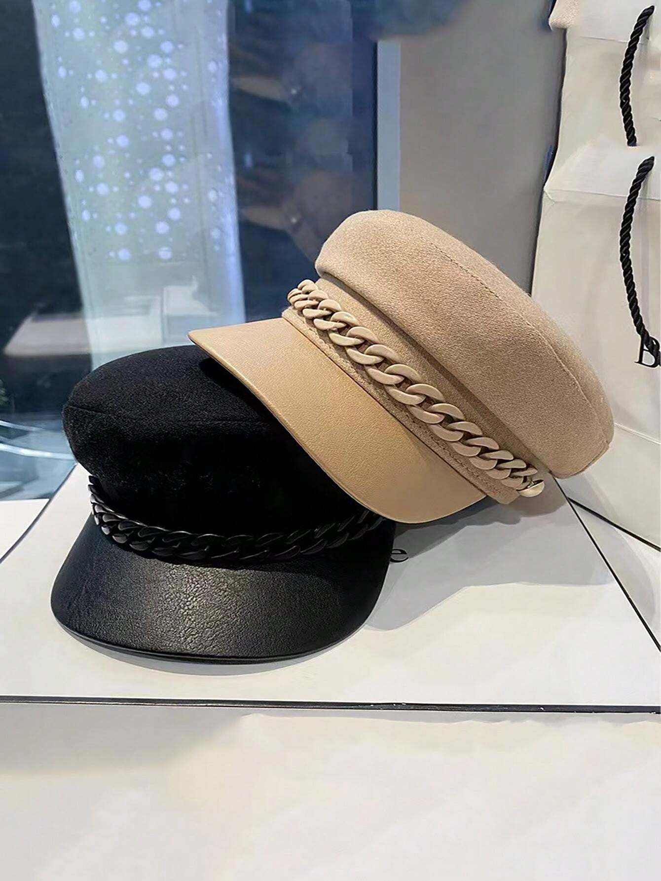 1pc Ladies' Classic Pu Brim Beret With Simple Color Block Design And ...