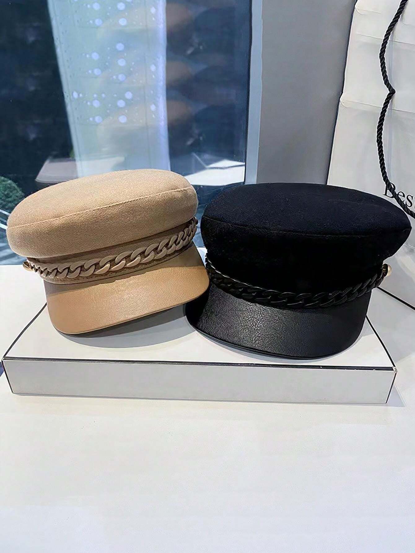 1pc Ladies' Classic Pu Brim Beret With Simple Color Block Design And ...