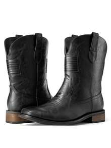 Cowboy Boots For Men - Mens Square Toe Western Boot With Flag, Faux Leather Booties, Botas Para Hombre Vaqueras Suitable For Concert, Daily, Wedding - Black - View 4