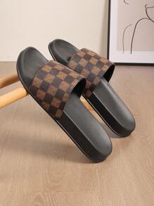 SHARK SLIPPER 男士格子图案拖鞋，简约时尚男士拖鞋，家居拖鞋，浴室拖鞋，室内拖鞋，浴室凉鞋，极其舒适，厚底，易于清洁 - 棕色 - 查看 5