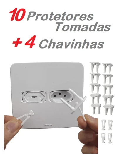 10 unidades Protetor de Tomada Branco + 4 Chavinhas Segurança Bebê