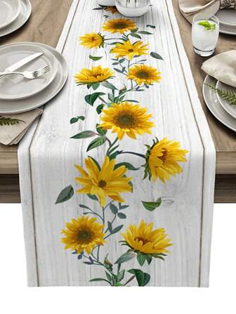 جريدة طاولة من الكتان بطبعة عباد الشمس وخشب الغرير، مزينة بالفراشات مخمل لتزيين مائدة الطعام في المطبخ أو في حفلات الزفاف