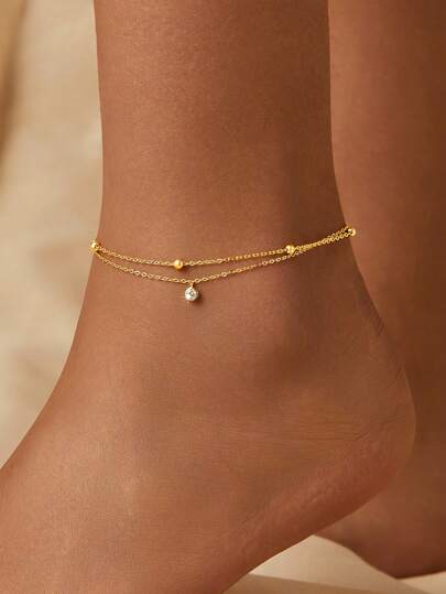 1pc 925 Silver Minimalist Double Layer Round Shape Artificial Pendant Anklet Suitable For Women's Daily Wear Or Summer Vacation Holiday