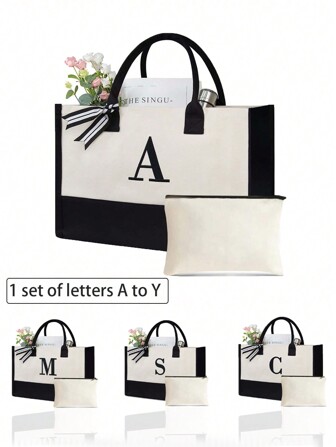 Initial Canvas Tote Bag,Comes With Makeup Storage Bag, Personalized Present Bag, Suitable For Wedding, Birthday, Beach, Holiday,School Bag , Is A Great Gift For Women, Mom, Teachers, Friends, Bridesmaids,Student ,Large Bag , Back To School ,Simple Large-Capacity Handbag, Portable Casual Storage Tote Bag, Multifunctional Shopping Bag,New Design, Large Capacity, Ideal For Shopping, Shoulder Bag