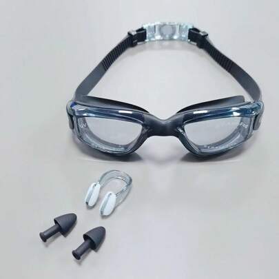 1pc Adult Fashionable High Definition Cool Design Waterproof & Anti-Fog Swimming Goggles + 1pair Waterproof Earplugs + 1pc Swimming Nose Clip Set Accessories For Water Sports, Beach Essentials, Beach Accessories, Pool Float