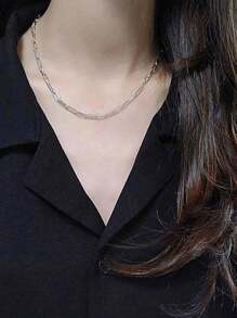 Vintage Gothic & Punk Style Square Paper Clip Design Chunky Chain Clavicle Necklace, Unisex Jewelry Gift, Silver Stainless Steel Fashionable Ins-Style Collarbone Chain For Men & Women