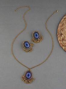 3入組復古合金椭圓形樹脂鑲嵌鈴鐺項鍊和耳環套裝,適合女性日常聚會穿戴 - 復古風 - 查看 6